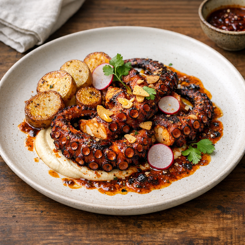 Pulpo a las brasas con adobo de chile meco