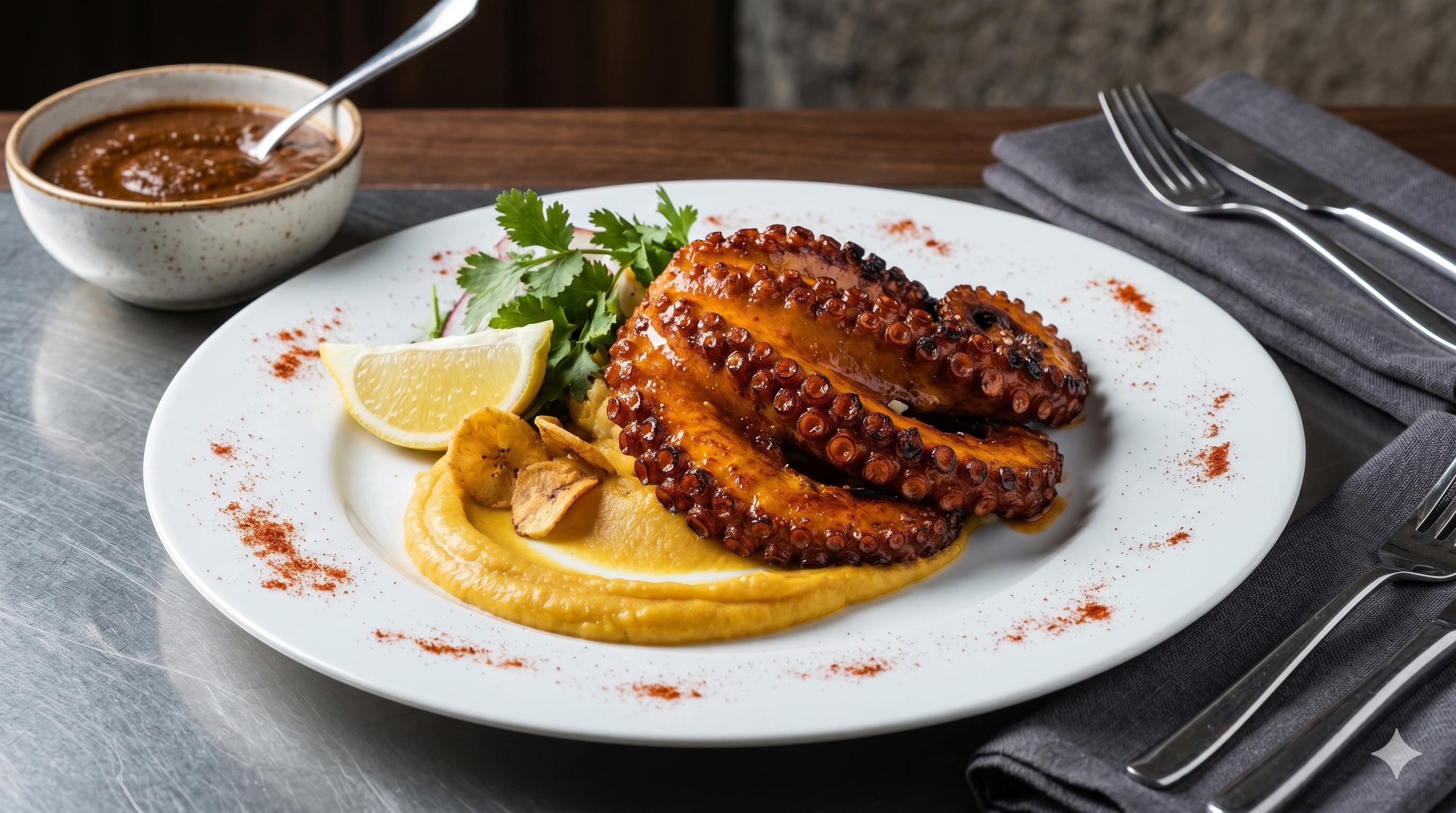Pulpo a la Talla con Pure de Platano Macho